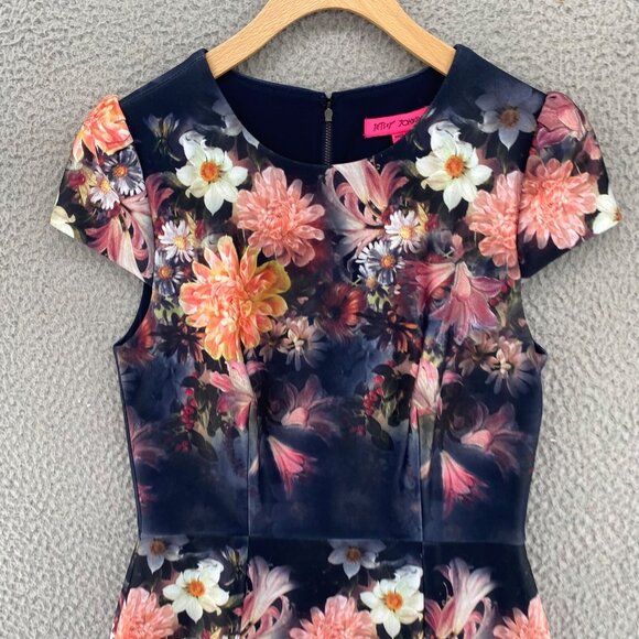Betsey Johnson Dress Womens 4 Navy Multi Floral Sheath Scuba Career Cap Sleeve - Picture 2 of 12